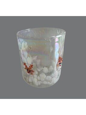 Anthropologie White Iridescent Glass Tumbler With Reindeer Design